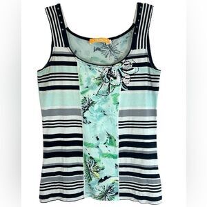 CRISCA Escada LADIES SHIRT MEDIUM GREEN TURQUOISE BLACK WHITE STUDDED BEADED